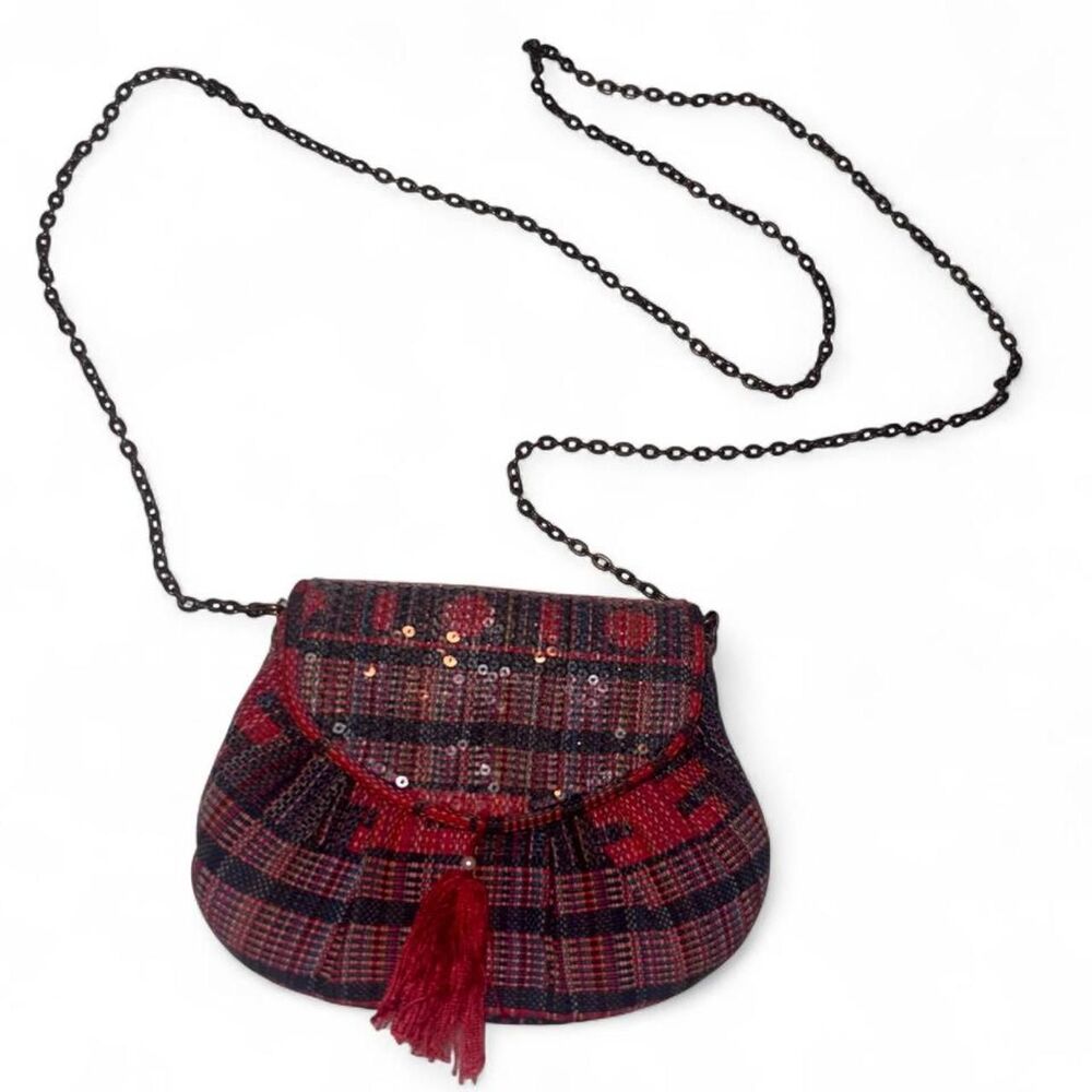 Massimo Women's Deep Purple and Red Plaid Tassle Mini Crossbody Bag